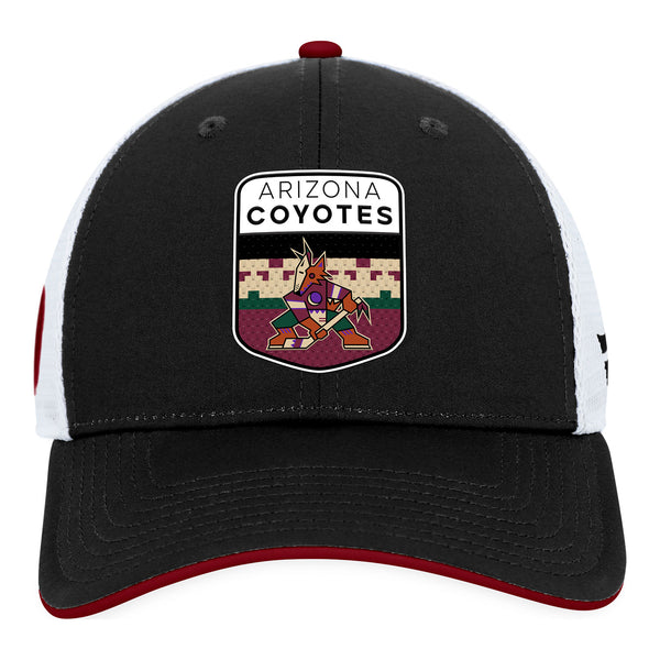 Coyotes Fanatics Branded 2023 Draft On Stage Trucker Hat In Black & White - Front View