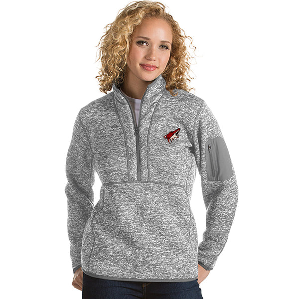 Ladies Antigua Arizona Coyotes Fortune 1/2 Zip Pullover Sweater in Gray - Front View