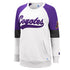 GIII Coyotes Ladies Playmaker Color Block Crewneck in White and Purple -Front View