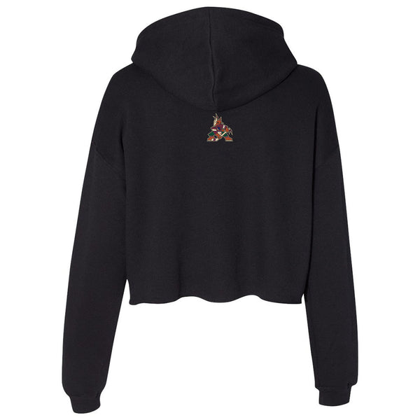 Ladies Coyotes Hooded Crop Pullover in Black - Back View