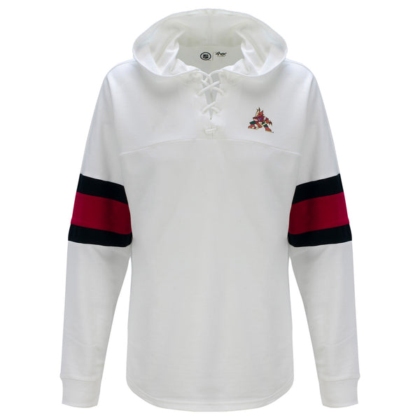 GIII Coyotes Ladies Game Plan Pullover Hood In White, Red & Black - Front View