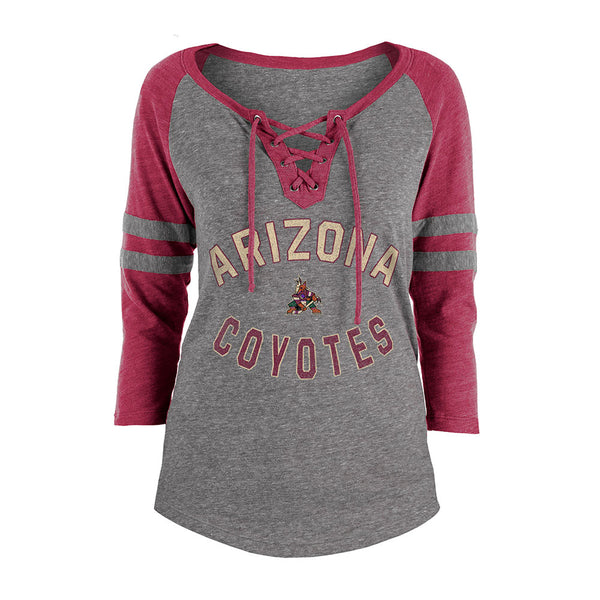 Ladies New Era Coyotes 3/4 Sleeve Lace-Up Raglan T-shirt in Gray and Red - Front View