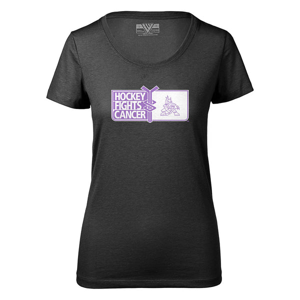 Ladies Levelwear Coyotes Hockey Fights Cancer T-Shirt in Black - Front View