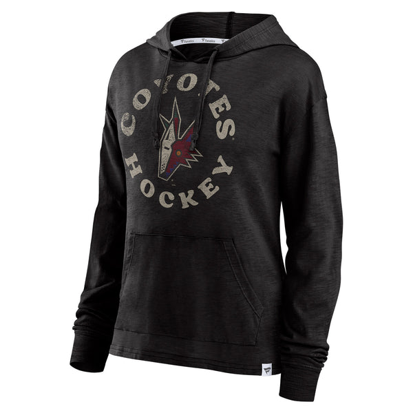 COYOTES 2022-23 SPECIAL EDITION FANATICS LADIES LONG SLEEVE HOODED T-SHIRT IN BLACK - FRONT LEFT VIEW