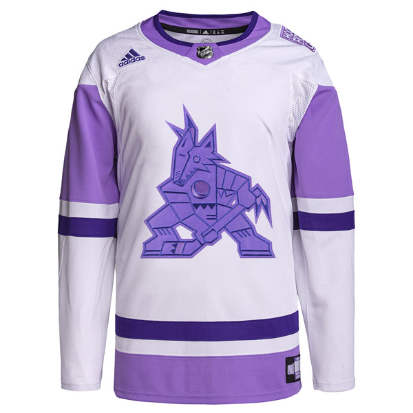 Arizona Coyotes Hockey Fights Cancer Jersey In Purple & White - Front View