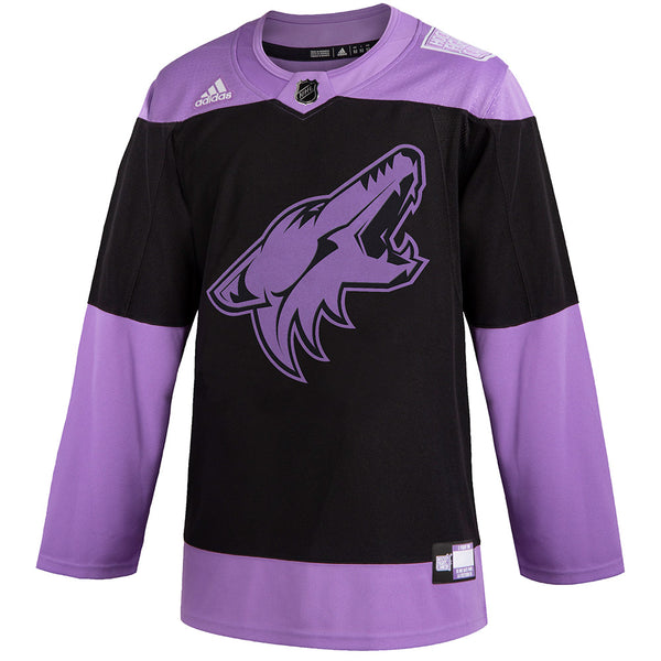 Arizona Coyotes Hockey Fights Cancer Jersey in Black and Purple - Front View