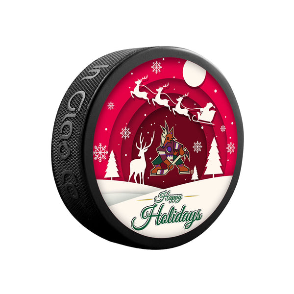 Arizona Coyotes Happy Holidays Puck in Black and Red - Front View