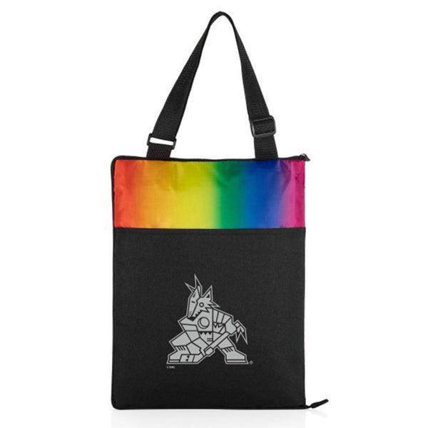 Picnic Time Coyotes Outdoor Blanket and Tote in Black and Rainbow - Front View