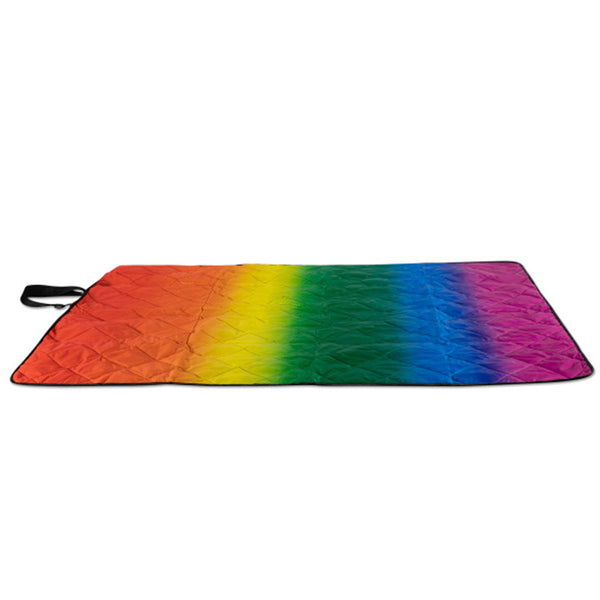 Picnic Time Coyotes Outdoor Blanket and Tote in Black and Rainbow - Angled Top View Unfolded