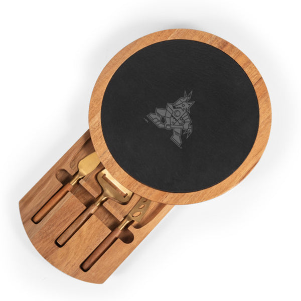 Picnic Time Coyotes Acacia and Slate Serving Board with Cheese Tools in Brown and Black - Top View
