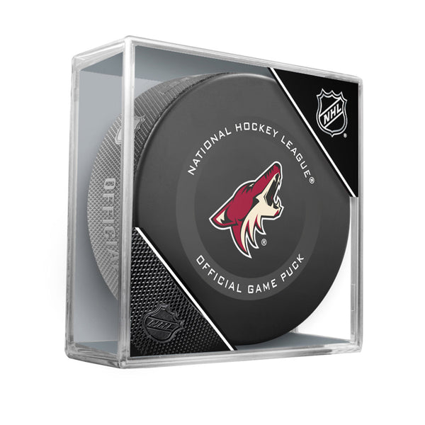 Arizona Coyotes Official Game Puck in Black - Box View